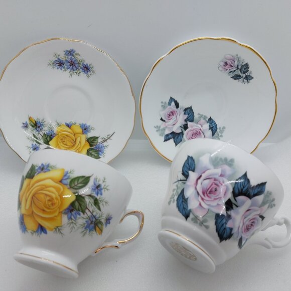 Royal Vale Other - 2 Vintage Tea Cups & Saucers Royal Vale & Consort - Yellow Rose White Pink Rose